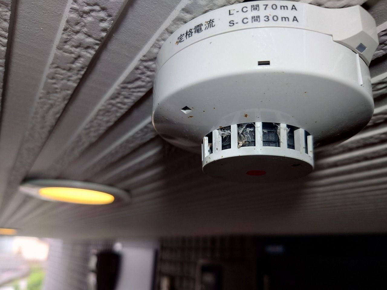 屋外廊下の天井に付いた煙感知器。防虫網に蜘蛛の巣とほこりが付いている