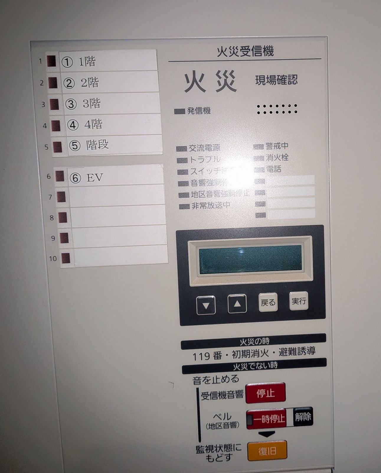 落雷後に火災表示が出た火災受信機の表示部