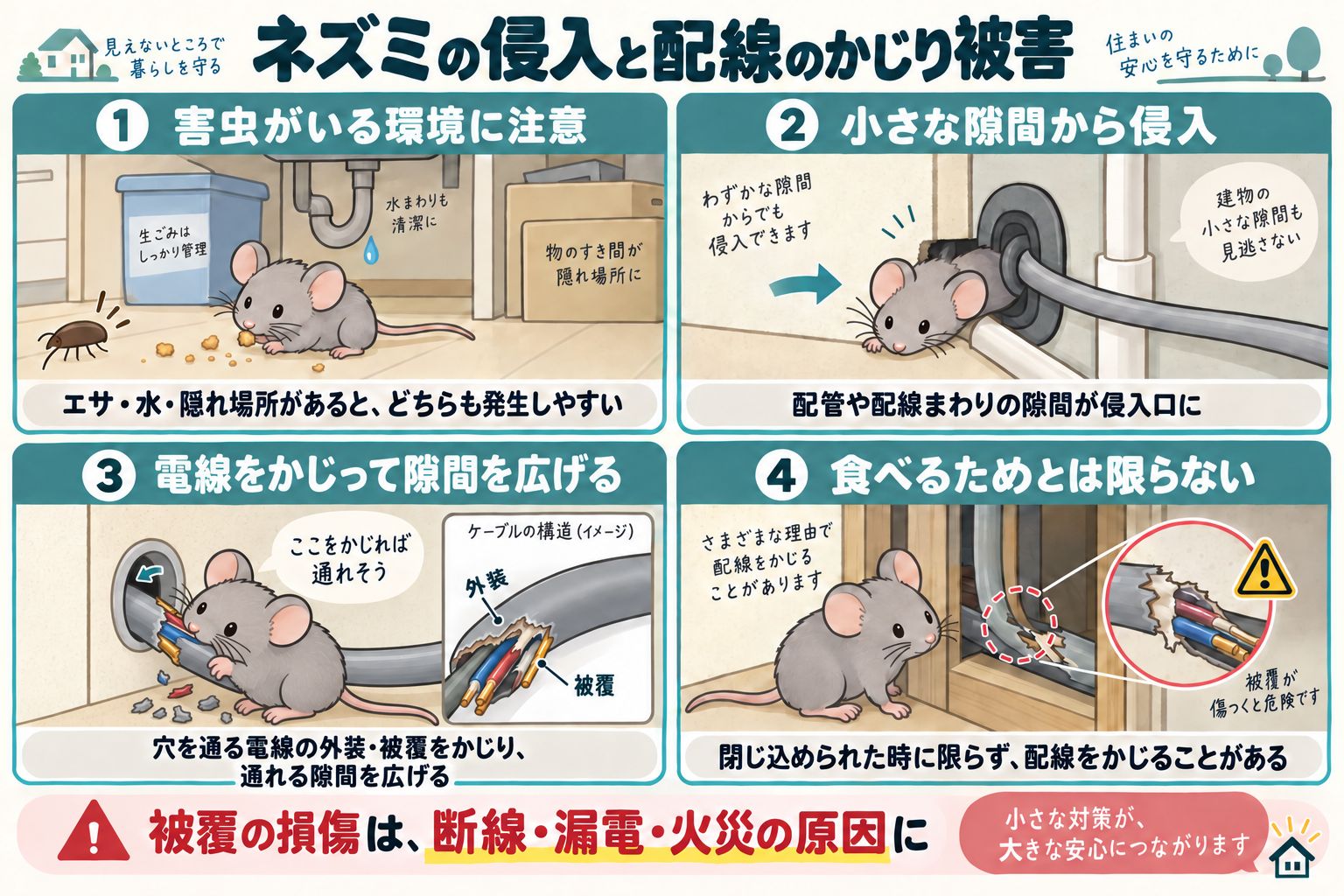 ネズミの侵入と配線のかじり被害の図解。害虫がいる環境に注意、小さな隙間から侵入、電線をかじって隙間を広げる、食べるためとは限らない、の4コマ