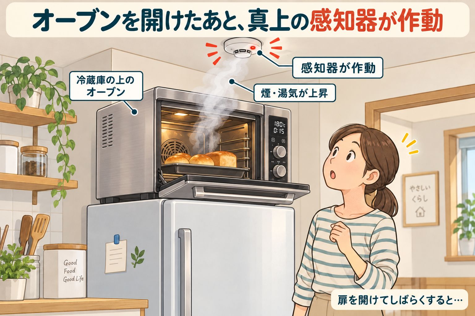 冷蔵庫の上に置かれたオーブンを開けた後、立ち上った煙と湯気で真上の天井の感知器が作動しているイラスト