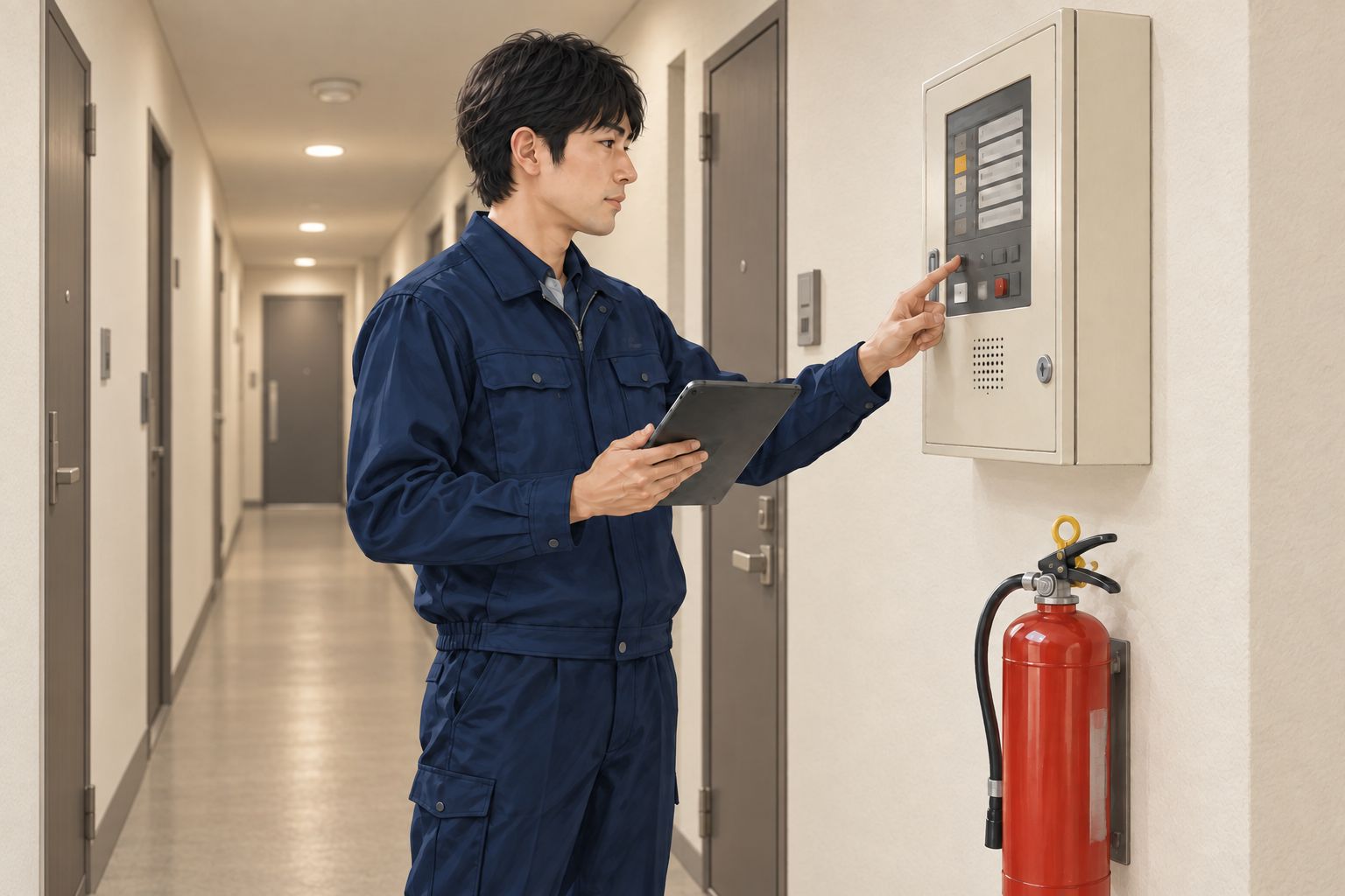 共同住宅の廊下で総合盤を点検する社員