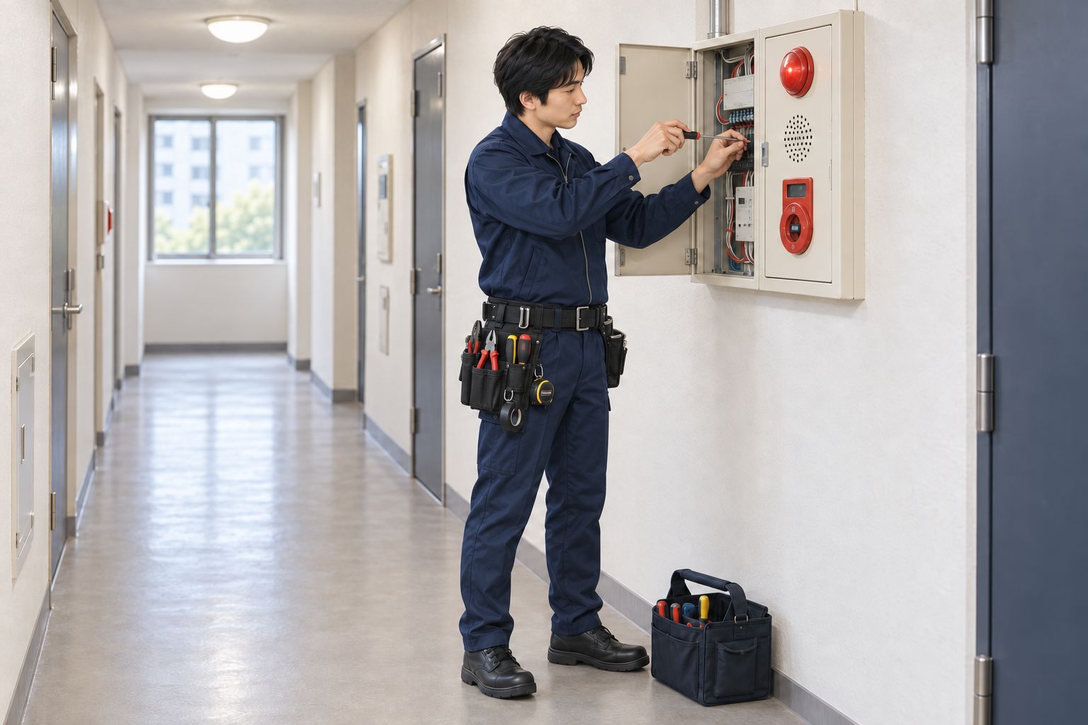 総合盤の配線を交換する社員