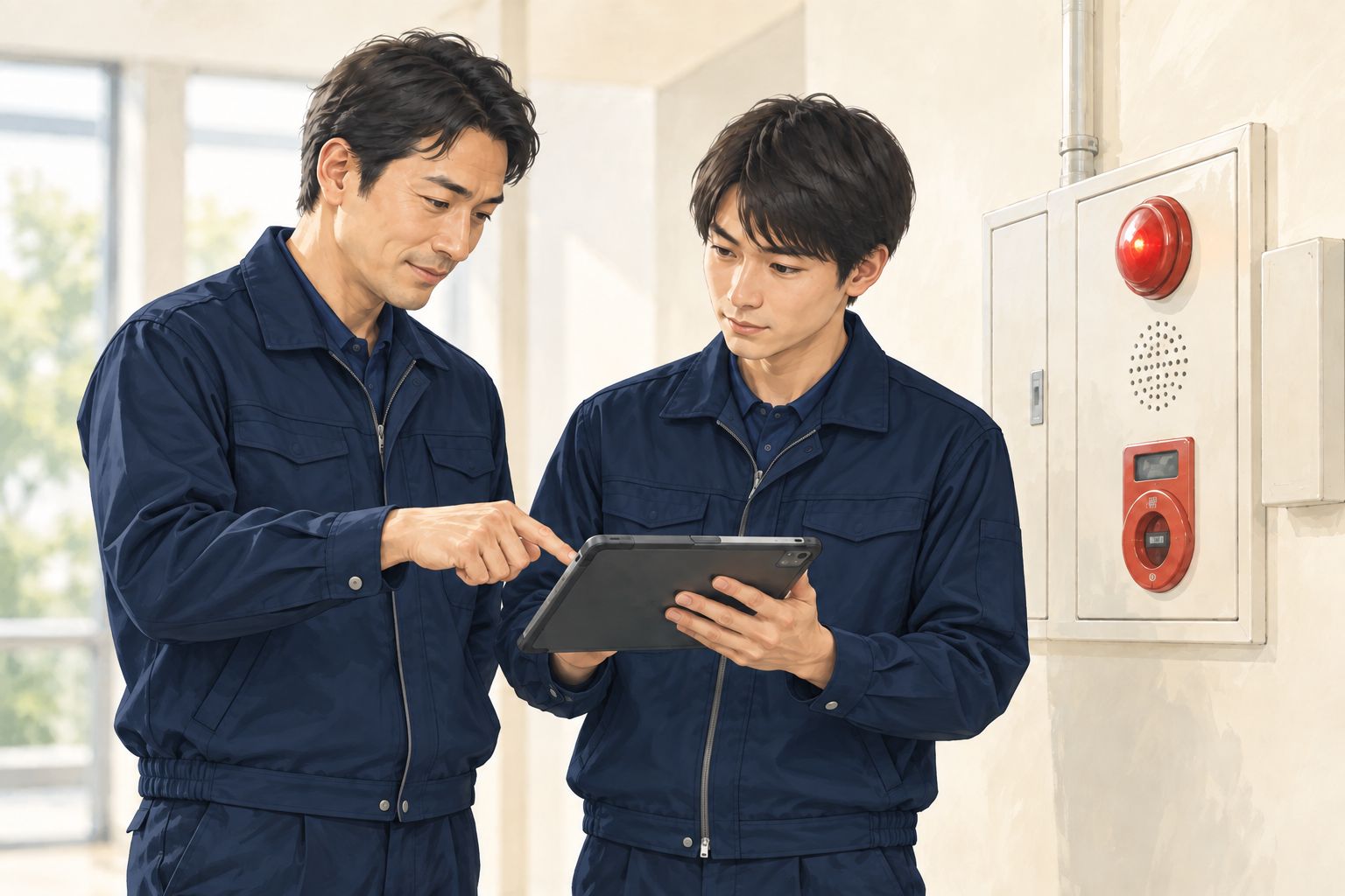 先輩がタブレットを見ながら新人に指導している様子