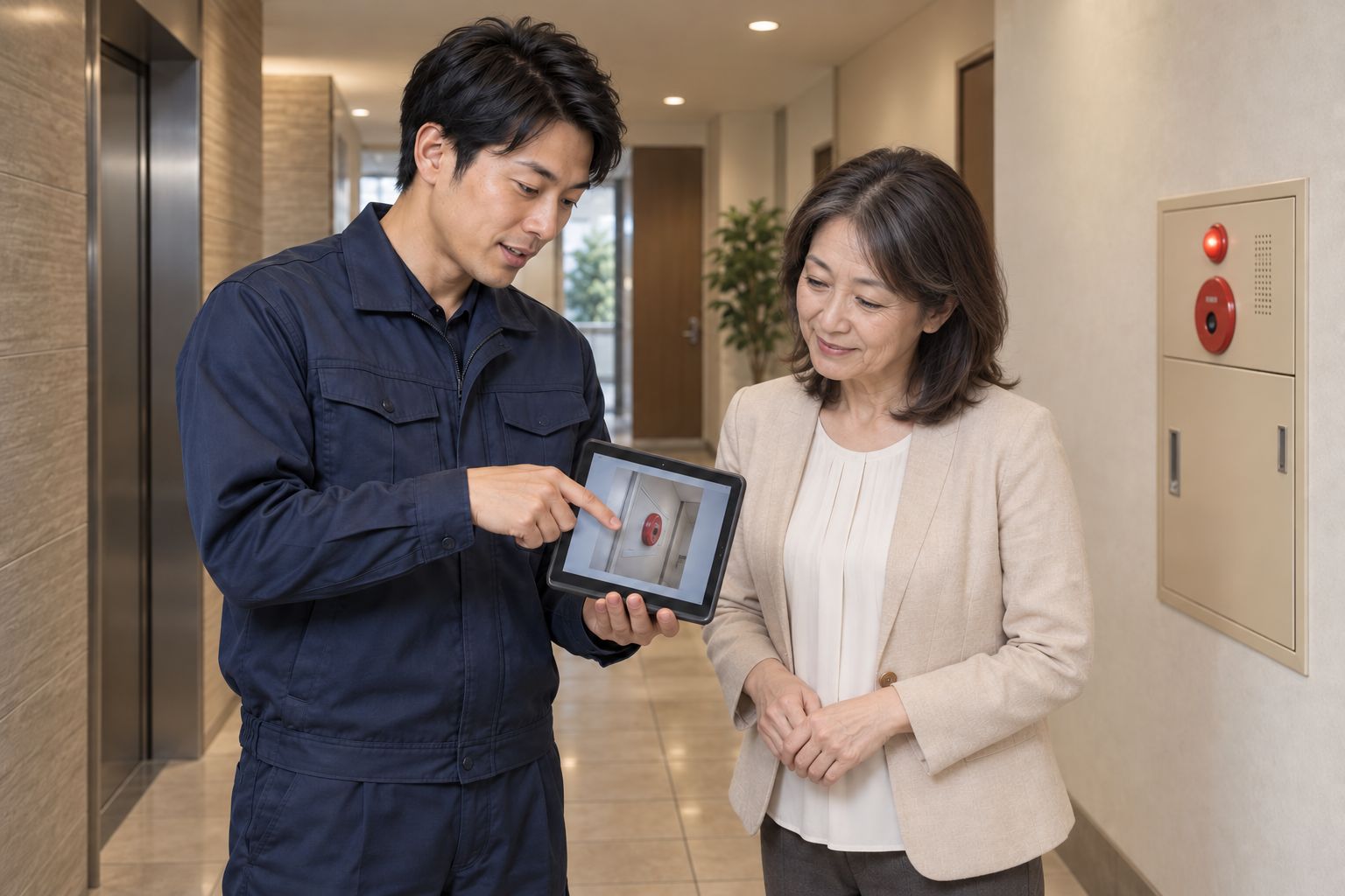 タブレットでお客様に点検結果を説明する社員