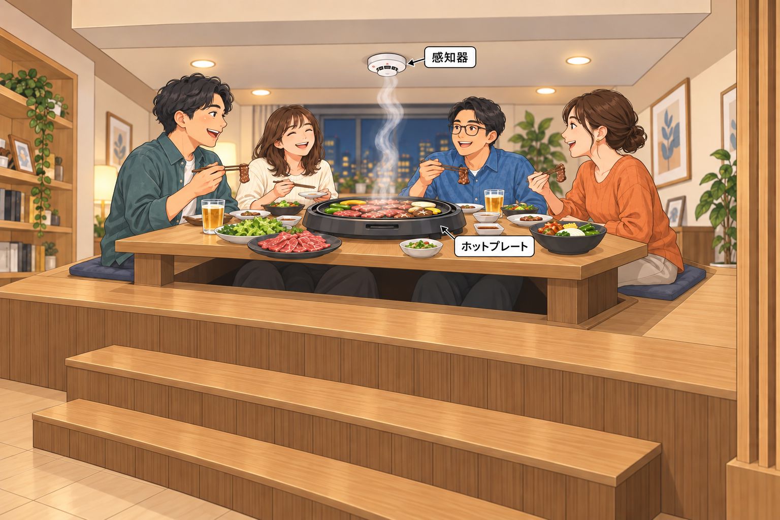 リビングに作った手作りのステージの上でホットプレートを囲んで焼肉をする家族と、その真上の天井にある感知器に煙が向かっているイラスト